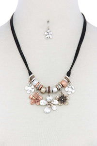 Tri Tone Flower Charm Pu Leather Necklace