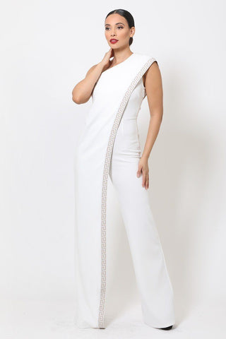 One Shoulder Greek Border Pattern Jumpsuit