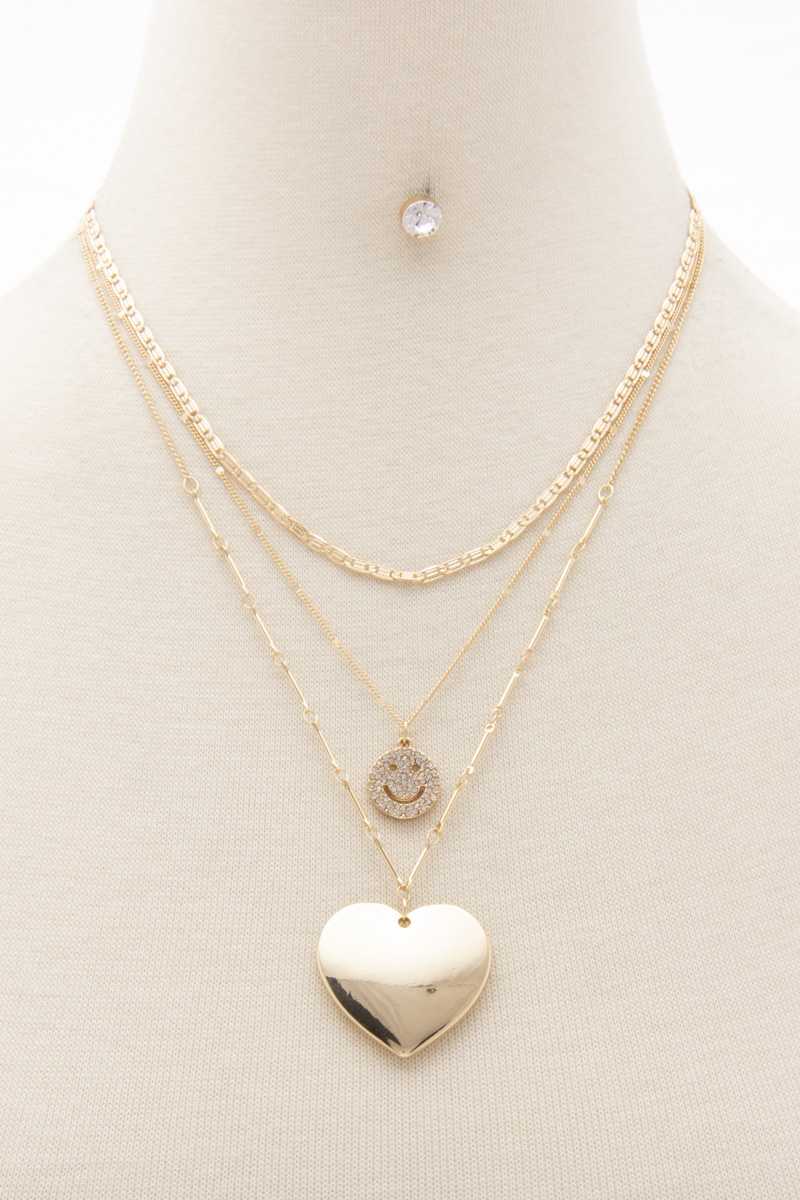 Heart Pendant Happy Face Layered Necklace