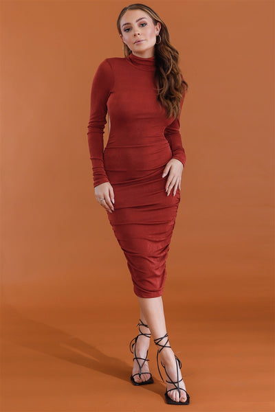 Brick Satin Effect Ruched Turtle Neck Open Back Midi Dress